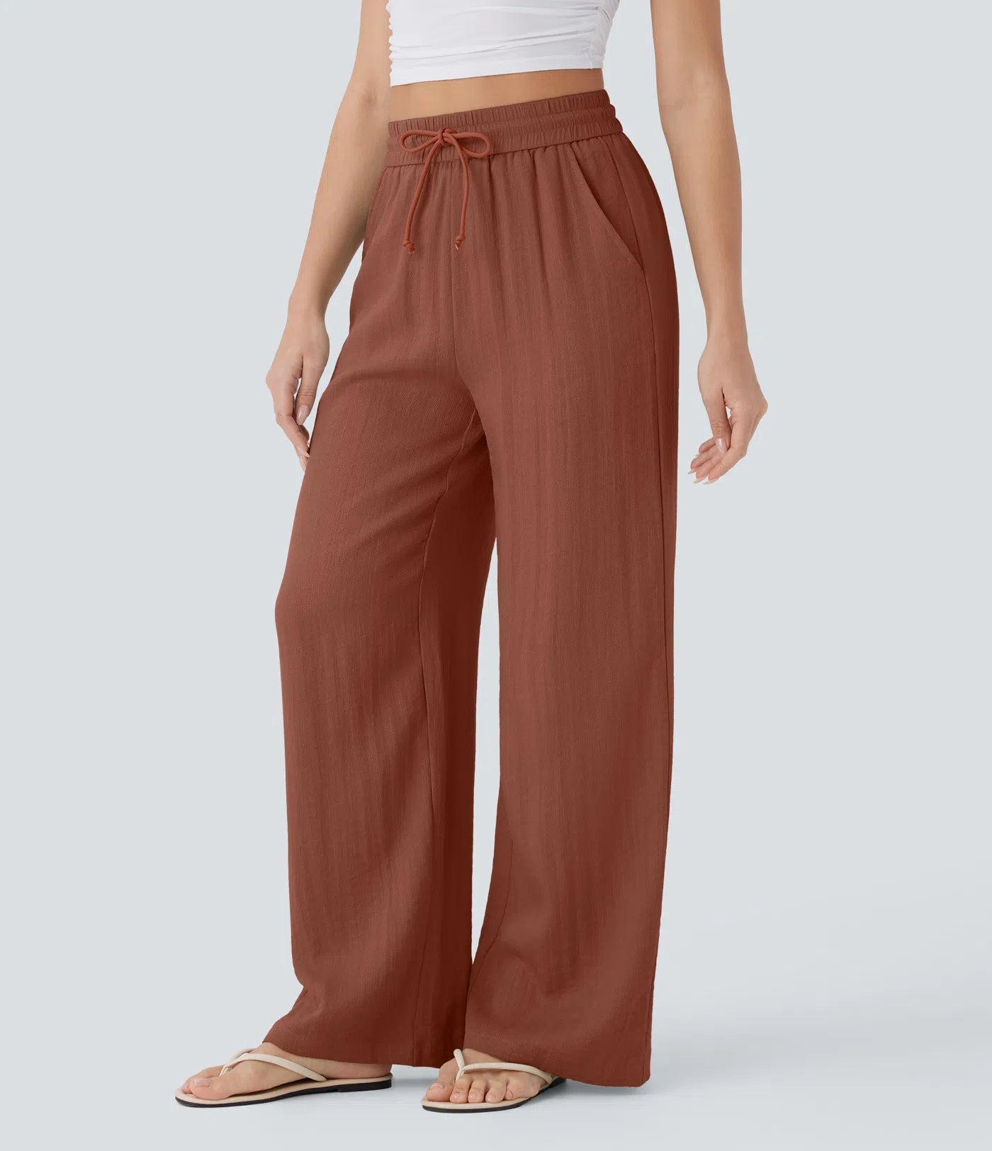 Celone AirLuxe™ Linen-Feel Wide Leg Trousers – High Waisted Drawstring Pants with Pockets