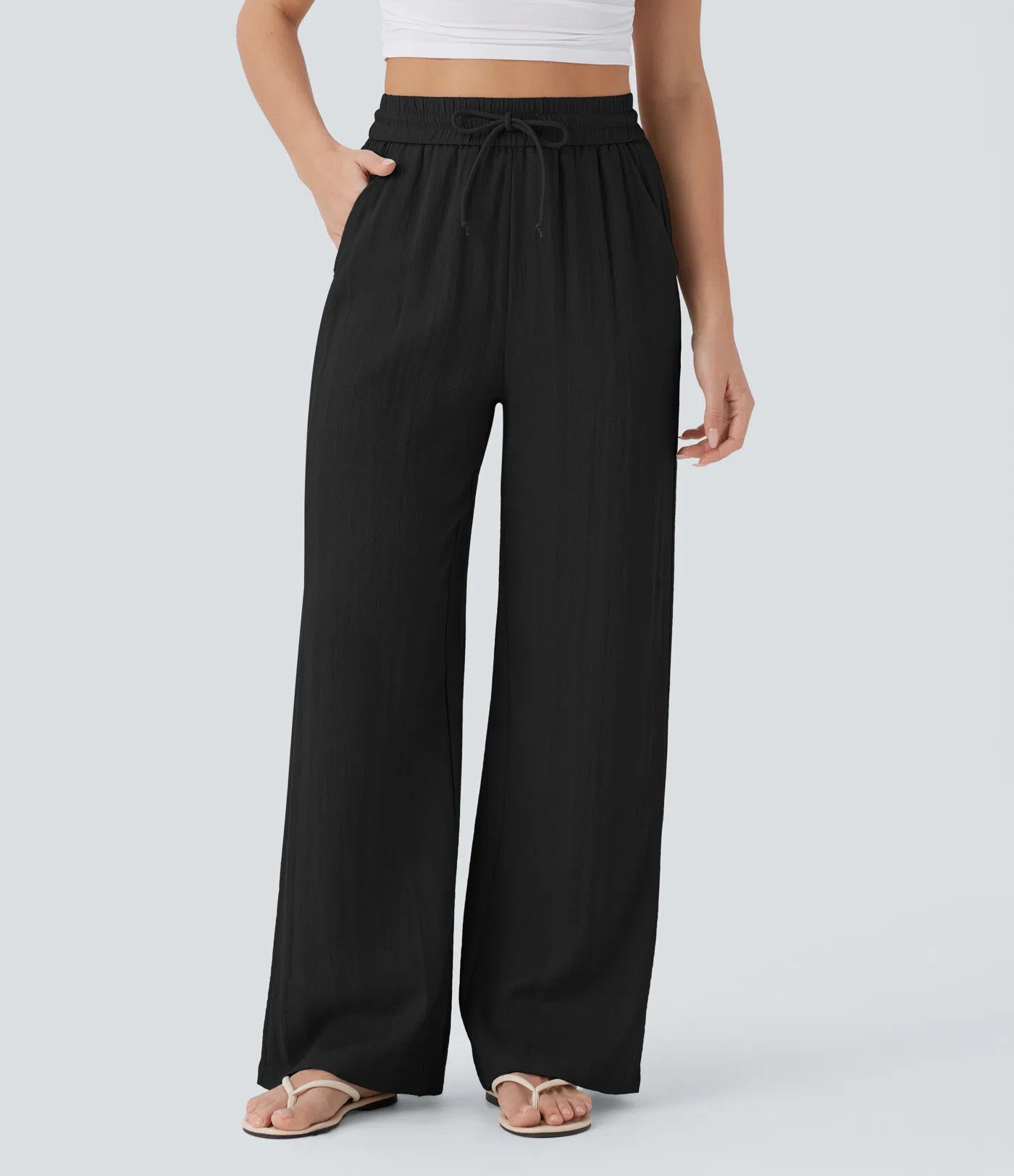 Celone AirLuxe™ Linen-Feel Wide Leg Trousers – High Waisted Drawstring Pants with Pockets