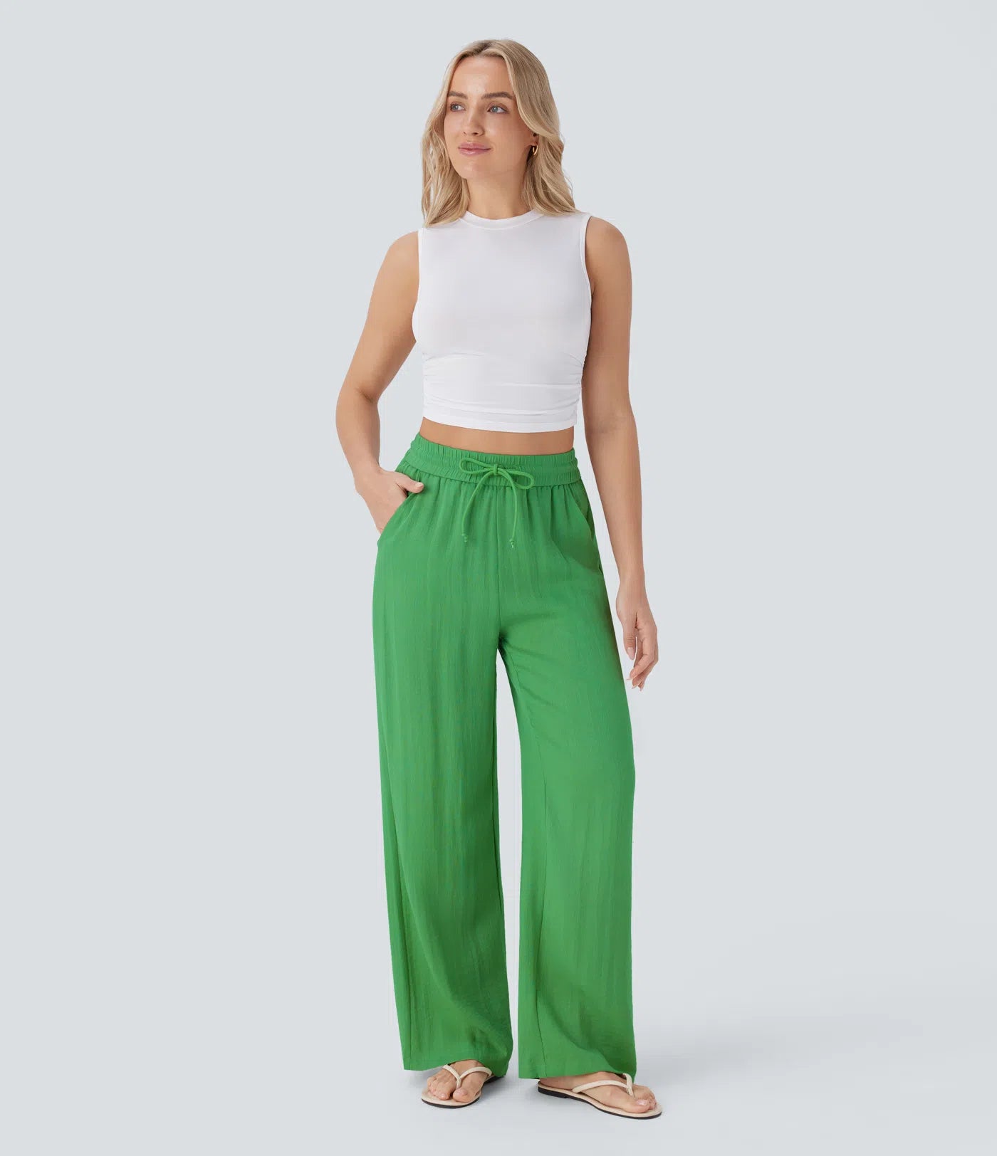 Celone AirLuxe™ Linen-Feel Wide Leg Trousers – High Waisted Drawstring Pants with Pockets