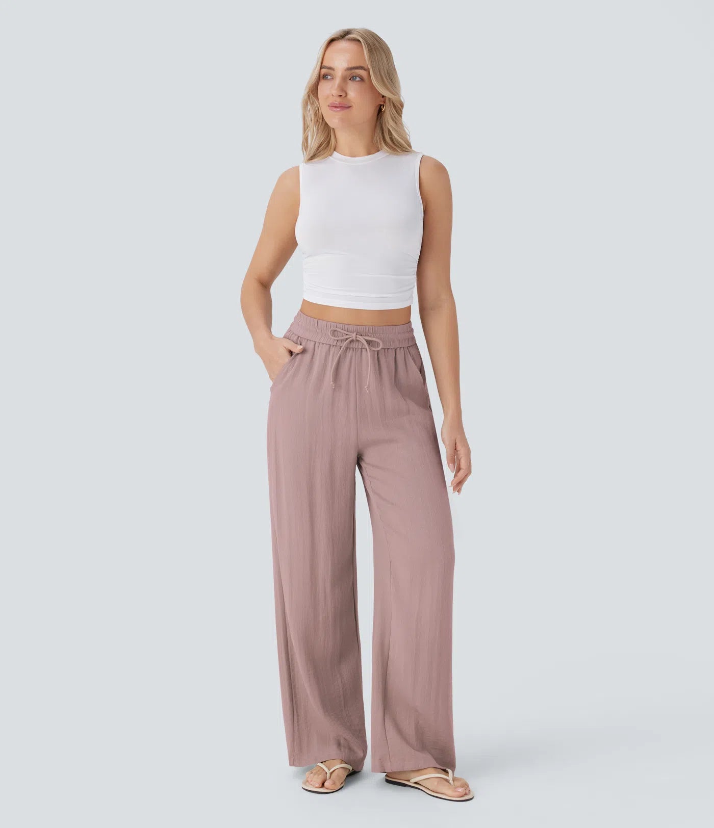 Celone AirLuxe™ Linen-Feel Wide Leg Trousers – High Waisted Drawstring Pants with Pockets