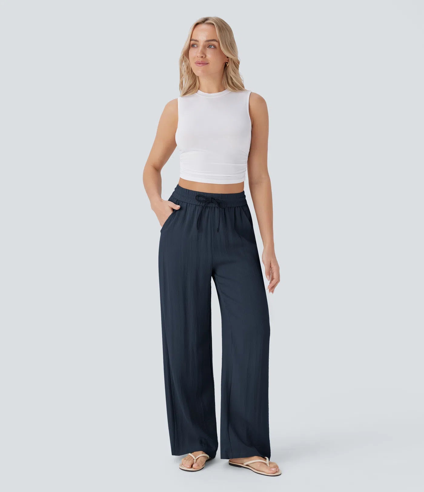 Celone AirLuxe™ Linen-Feel Wide Leg Trousers – High Waisted Drawstring Pants with Pockets