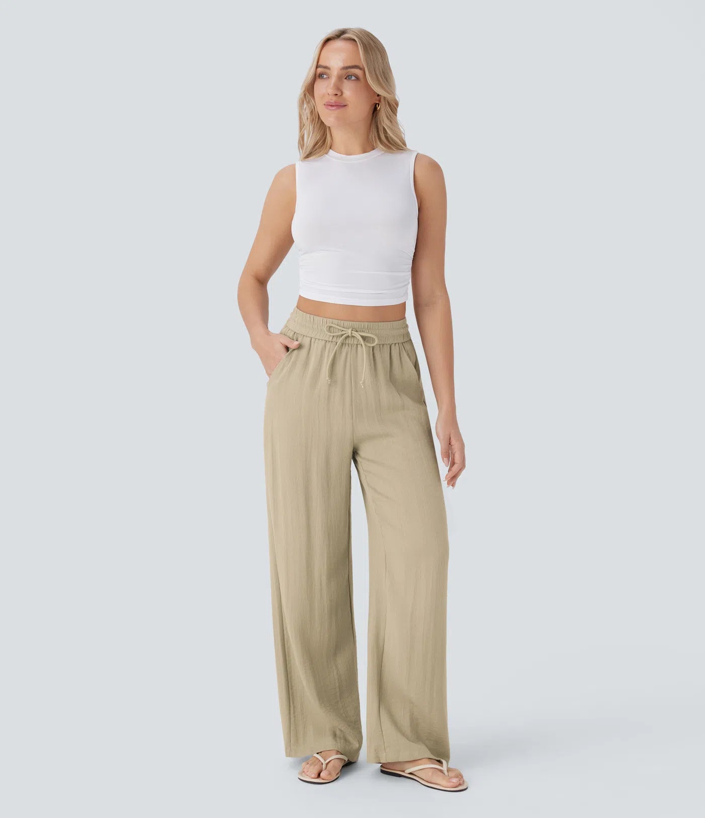 Celone AirLuxe™ Linen-Feel Wide Leg Trousers – High Waisted Drawstring Pants with Pockets