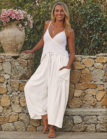 Celone Linen Wide Leg Pants – Casual Drawstring Pants with Pockets