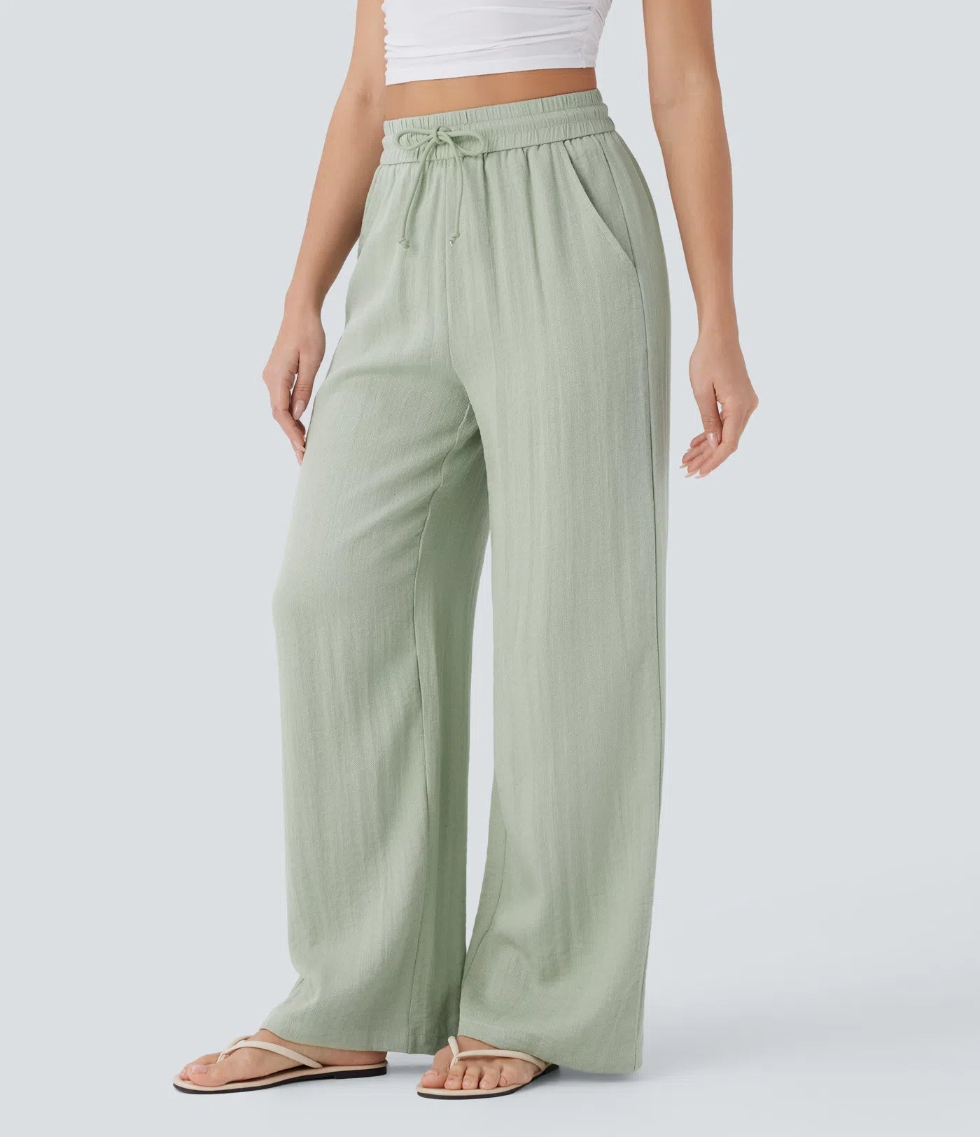 Celone AirLuxe™ Linen-Feel Wide Leg Trousers – High Waisted Drawstring Pants with Pockets