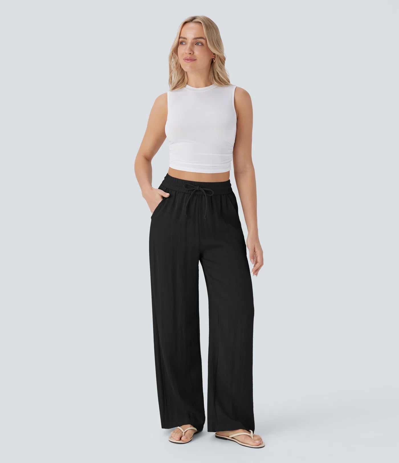 Celone AirLuxe™ Linen-Feel Wide Leg Trousers – High Waisted Drawstring Pants with Pockets